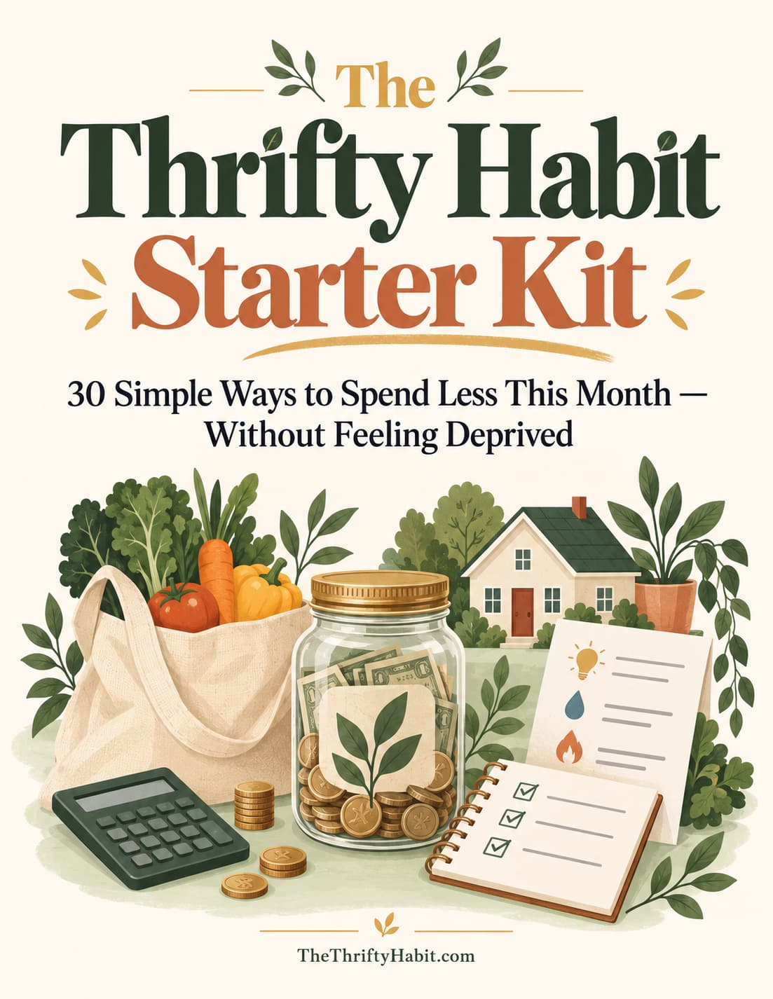 The Thrifty Habit Starter Kit PDF cover: 30 Simple Ways to Spend Less This Month Without Feeling Deprived